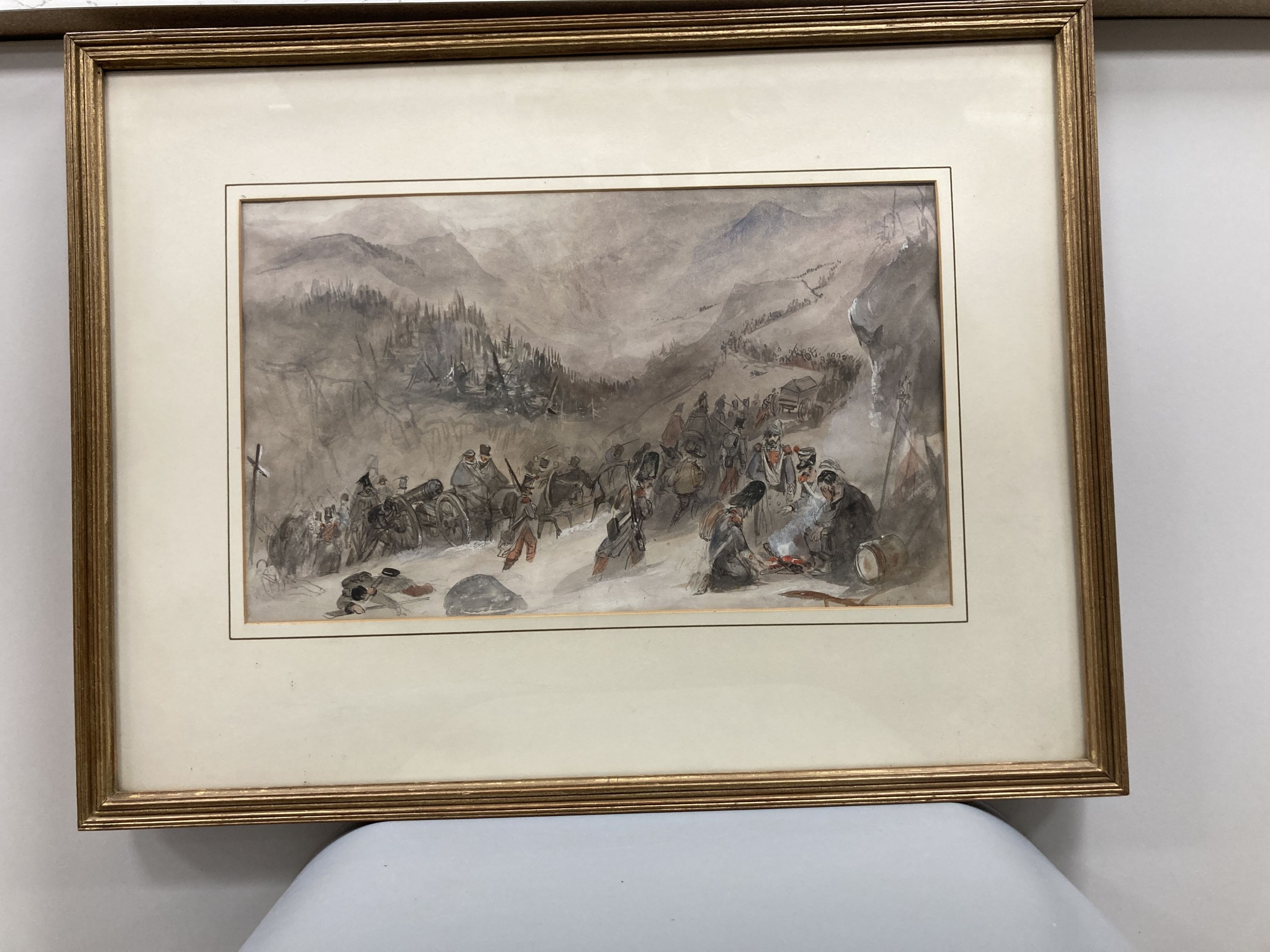 George Bryant Campion (1796-1870), Napoleons Army Crossing the Alps, signed, watercolour